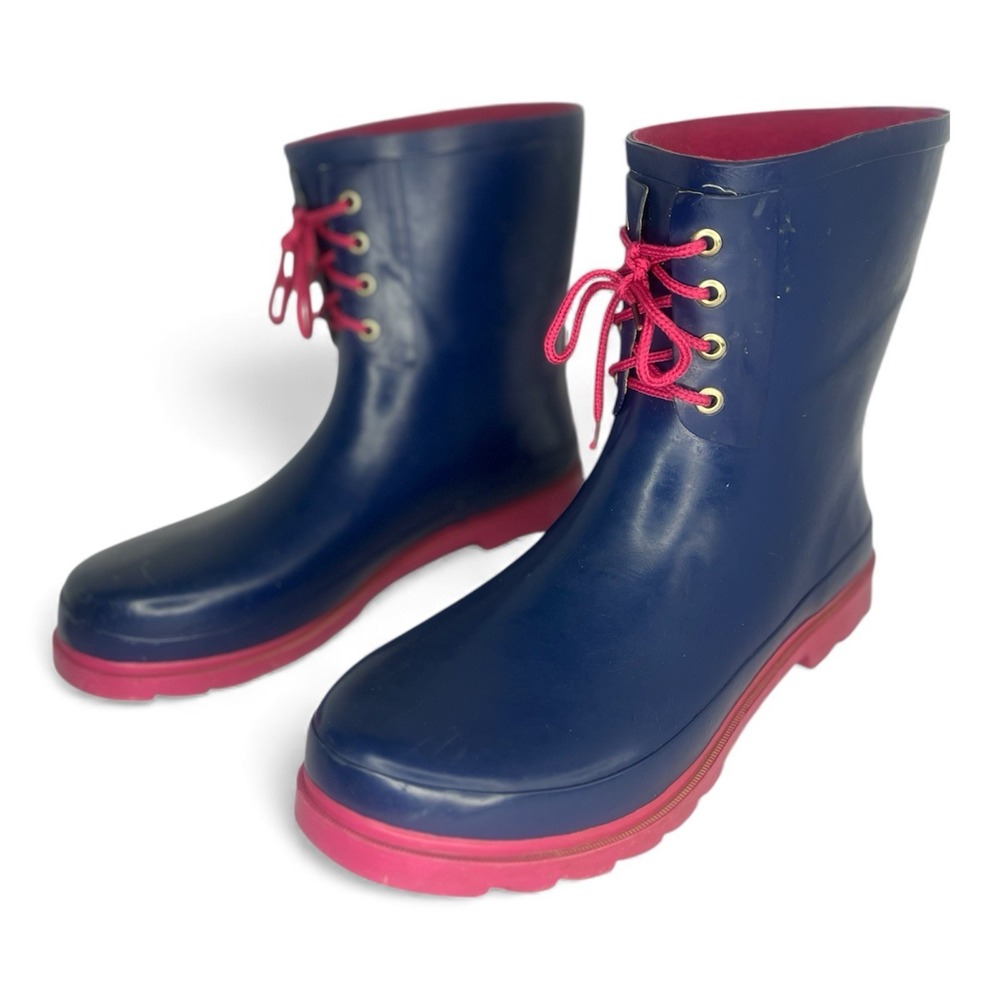 Barefoot Tess Rain Boots Women's Size 15 Navy Pink Lace Up-Waterproof Rare Find